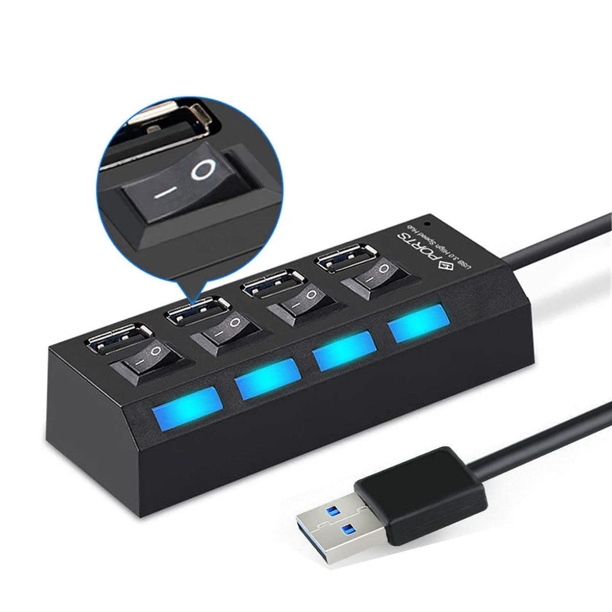 4 Ports LED USB adapter Hub Power on/off switch for PC/Car/console